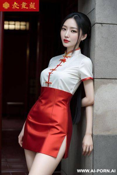 Very white skin, 矮, 没有皱纹, 发簪, 中国传统服饰, 颧骨不突出, 红唇, 丰满, 圆脸, 端庄, 高鼻梁, very big eyes, 低颧骨, low eyes, chinese traditional, red clothes - ai-porn.ai - China on pornintellect.com