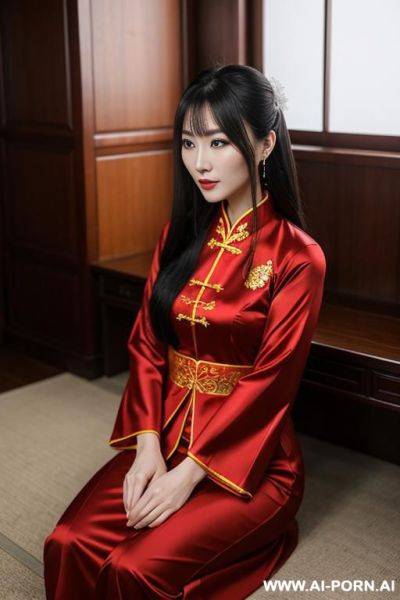 Very white skin, 矮, 没有皱纹, 发簪, 中国传统服饰, 颧骨不突出, 红唇, 丰满, 圆脸, 端庄, 高鼻梁, very big eyes, 低颧骨, low eyes, chinese traditional red clothes, no exposure - ai-porn.ai - China on pornintellect.com