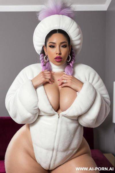 Massive thick fluffy fuzzy full suit, hyper white fuzzy leotaer full suit, thick fuzzy leotard with massive fuzzy rings, full suit with fuzzy rings, huge fuzzy scarf, fit bimbo, huge inflated lips, oversize swollen mouth, spread big pussy lips - ai-porn.ai on pornintellect.com