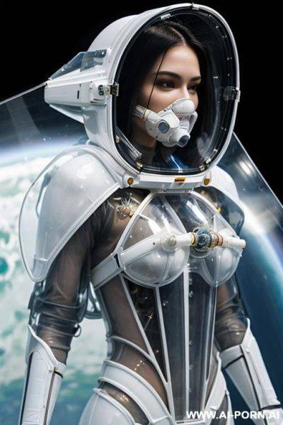 (close up) (gorgeous woman in (partially transparent armored environmental suit) (transparent chest) (wearing oxygen mask) (very white skin)) (long straight hair) (spacecraft launch bay) - ai-porn.ai on pornintellect.com