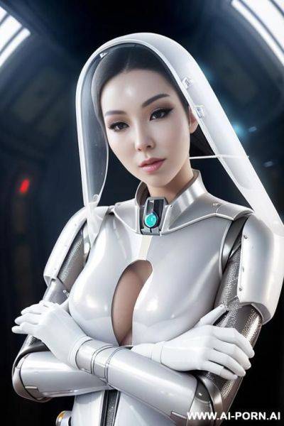 (gorgeous woman in (partially transparent armored environmental suit) (wearing oxygen mask) (very white skin)) (long straight hair) (spacecraft launch bay) - ai-porn.ai on pornintellect.com