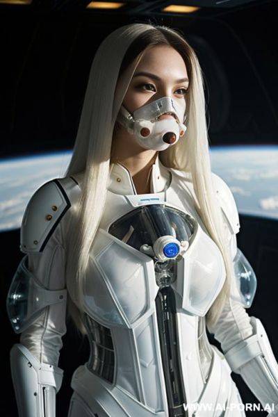 (close up) (gorgeous woman in (partially transparent armored environmental suit) (wearing oxygen mask) (very white skin)) (long straight hair) (spacecraft launch bay) - ai-porn.ai on pornintellect.com