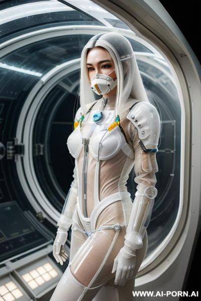 (gorgeous woman in (transparent armored environmental suit) (wearing oxygen mask) (very white skin)) (long straight hair) (spacecraft launch bay) - ai-porn.ai on pornintellect.com