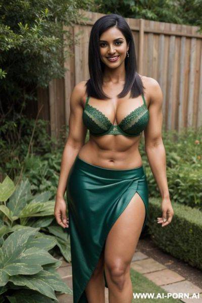 Indian, short hair, fit, abs, curvy, muscular arms, big ass, tall, long legs, navel piercing, green bra, green pleat skirt, looking at camera, full body, stiletto, in garden - ai-porn.ai - India on pornintellect.com