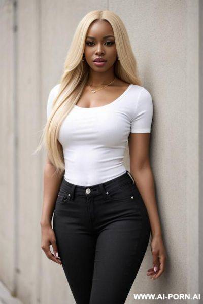 Black woman, jeans, white top, long hair, blonde hair - ai-porn.ai on pornintellect.com
