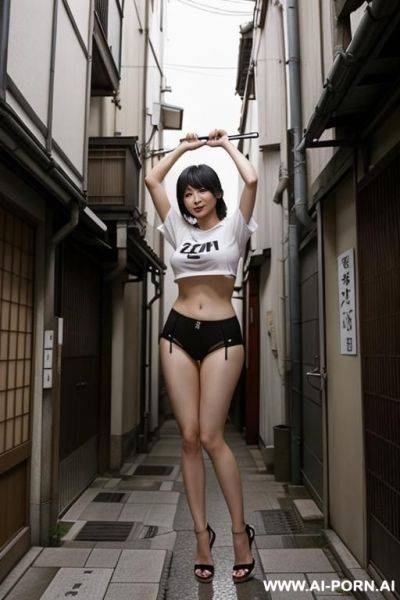 Japanese woman in alleyway lifting up t-shirt to show nipples. trying to hide from people around them - ai-porn.ai - Japan on pornintellect.com