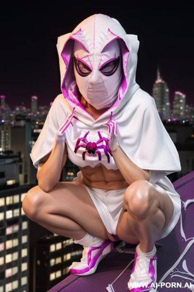 ((woman wearing (white and magenta ghost-spider hero outfit (hood up) (spider hero mask on)) (topless) (short blonde hair)) (crouching on city rooftop at night) - ai-porn.ai on pornintellect.com