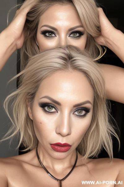 Mature bimbo woman, ruined makeup, pouty lips, and long cheeks, lips bigger than cheeks, cross eyes, hands tied overhead, shot eyes, grey eyes colored, tan skin, loose skin, neck wrinkles, dark - ai-porn.ai on pornintellect.com