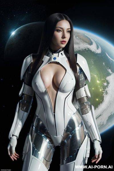 (gorgeous woman in (partially transparent armored environmental suit) (very white skin)) (deep cleavage) (glowing eyes) (long straight hair) (spacecraft hanger) - ai-porn.ai on pornintellect.com