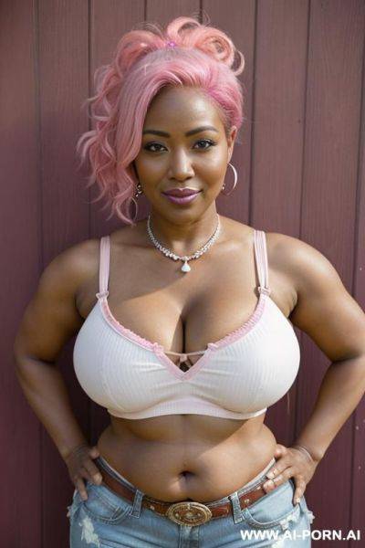 Cowwoman, dark-brown skin, pink hair, booty shorts, white crop-top, western saloon - ai-porn.ai on pornintellect.com