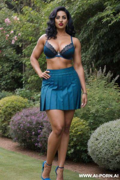 Indian, short hair, fit, abs, curvy, muscular arms, big ass, tall, long legs, navel piercing, blue bra, blue pleat skirt, looking at camera, full body, stiletto, in garden, open mouth, eyes closed - ai-porn.ai - India on pornintellect.com