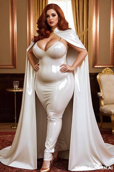 White latex eveningdress; golden latex cape; gigantic boobs; obese; - ai-porn.ai on pornintellect.com