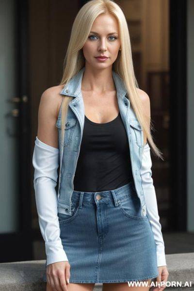((high)), (shoulder-length, very straight blonde hair parted to one side) , (big icy blue eyes) , (confident expression) . (sleek, athletic build), (fair complexion), ((long sleeve, black-and-white - ai-porn.ai on pornintellect.com