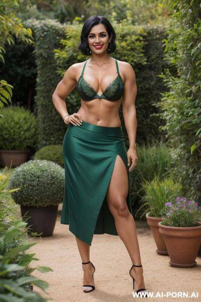 Indian, short hair, fit, abs, curvy, muscular arms, big ass, tall, long legs, navel piercing, green bra, green pleat skirt, looking at camera, full body, stiletto, in garden - ai-porn.ai - India on pornintellect.com