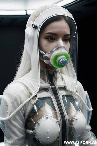 (close up) (gorgeous woman in (partially transparent armored environmental suit) (transparent top) (wearing oxygen mask) (very white skin)) (long straight hair) (spacecraft launch bay) - ai-porn.ai on pornintellect.com