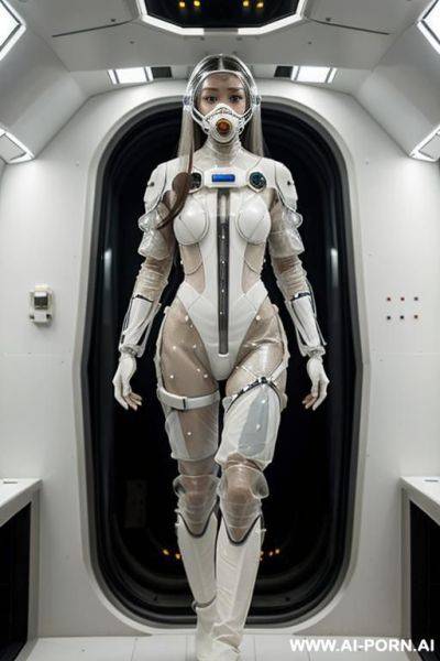 (gorgeous woman in (partially transparent armored environmental suit) (wearing oxygen mask) (very white skin)) (long straight hair) (spacecraft launch bay) - ai-porn.ai on pornintellect.com
