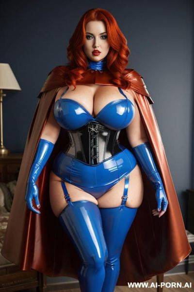 Blue latex stockings; blue latex corset; red latex cape; gigantic boobs; obese; open legs; - ai-porn.ai on pornintellect.com