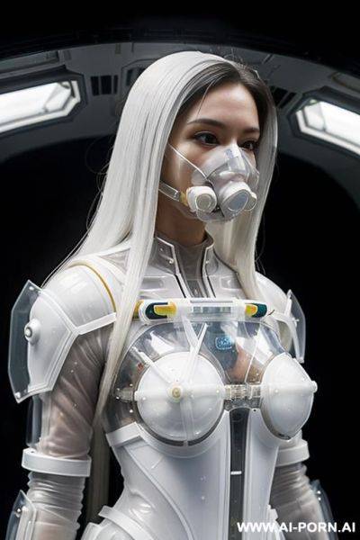 (close up) (gorgeous woman in (fully transparent armored environmental suit) (wearing oxygen mask) (very white skin)) (long straight hair) (spacecraft launch bay) - ai-porn.ai on pornintellect.com