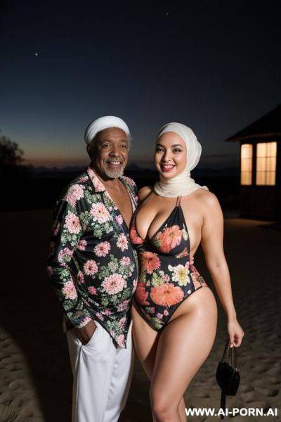 Smiling curvy russian thick body wife wearing hijab and floral monokini standing with naked black old man at nightback shot - ai-porn.ai - Russia on pornintellect.com