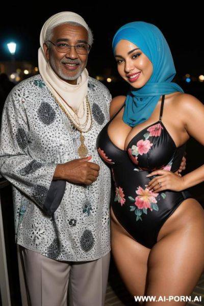 Smiling curvy egyptian thick body wife wearing hijab and floral monokini standing with black old man at night - ai-porn.ai - Egypt on pornintellect.com