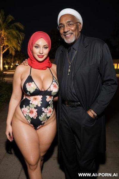 Smiling curvy russian thick body wife wearing hijab and floral monokini standing with black old man at night - ai-porn.ai - Russia on pornintellect.com