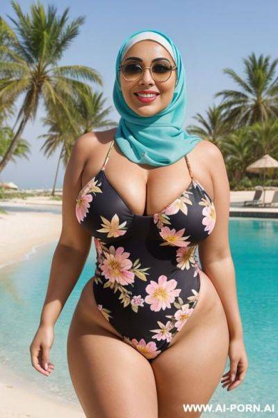 Smiling curvy egyptian thick body wife wearing hijab and floral monokini - ai-porn.ai - Egypt on pornintellect.com
