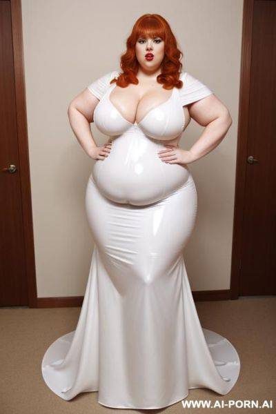 White latex eveningdress; obese; gigantic huge boobs; - ai-porn.ai on pornintellect.com