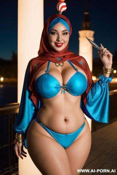 Smiling curvy russian thick body wife wearing hijab and blue monokini standing at night - ai-porn.ai - Russia on pornintellect.com