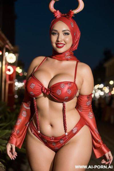 Smiling curvy russian thick body wife wearing hijab and floral monokini standing at night - ai-porn.ai - Russia on pornintellect.com