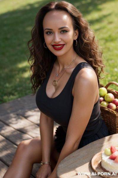 English, brunette, messy hair, 30, white skin, perfect boobs, slight smile, makeup, standing, naked, spreading legs, showing pussy, garden. - ai-porn.ai - Britain on pornintellect.com