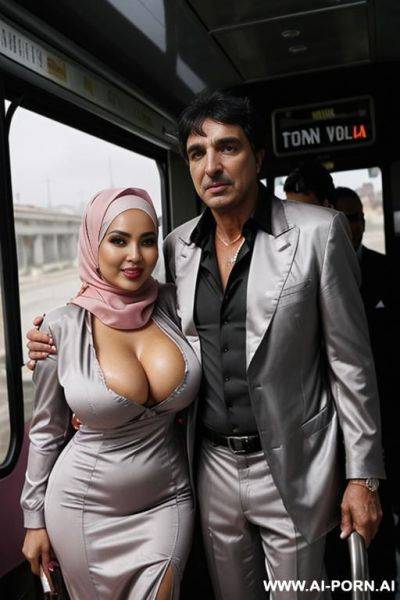 Smiling curvy russian busty wife fully naked wearing hijab standing with head wounded old black man - ai-porn.ai - Russia on pornintellect.com