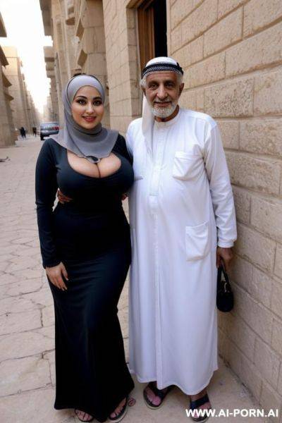 Smiling curvy egyptian busty wife fully naked wearing hijab standing with homeless old egyptian man - ai-porn.ai - Egypt on pornintellect.com