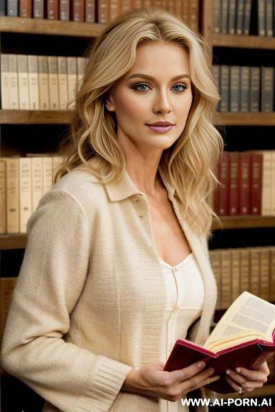 Actrice blonde cheveu long frisé dans une bibliotheque - ai-porn.ai on pornintellect.com
