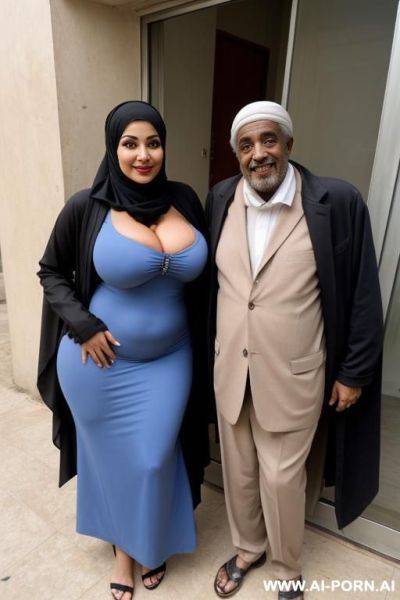Smiling curvy egyptian busty wife fully naked wearing hijab standing with homeless old black man - ai-porn.ai - Egypt on pornintellect.com