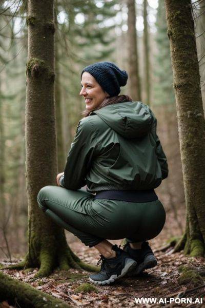 Mature slender french hikerwoman, squatting in forest undergrowth, outdoorjacket, pleated pants, smiling - ai-porn.ai - France on pornintellect.com