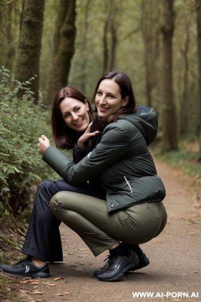 Mature slender french woman squatting legs apart in undergrowth at rest stop, outdoorjacket, pleated pants, smiling - ai-porn.ai - France on pornintellect.com