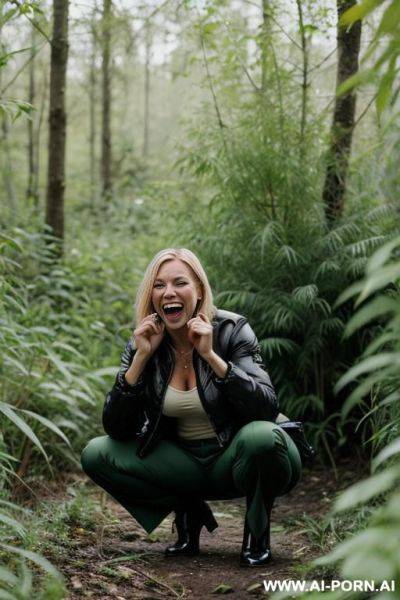 Swedish woman squatting in underbrush in weeds, jacket, pleated trousers, laughing her pussy drips pee onto ground - ai-porn.ai - Sweden on pornintellect.com