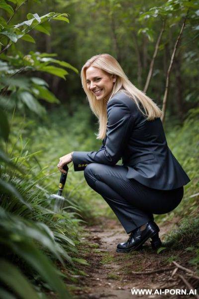 Swedish woman squatting in underbrush in weeds, jacket, pleated trousers, smiling, her chest drips water onto ground - ai-porn.ai - Sweden on pornintellect.com
