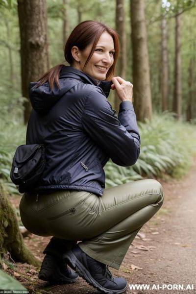 Mature slender french woman squatting in undergrowth at rest stop, outdoorjacket, wrinkled pants, smiling - ai-porn.ai - France on pornintellect.com