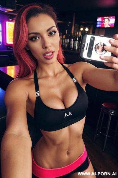 Girl opening asshole to camera she is taking a selfie, and she wears sports bra.she is in a coubrty bar, and she is full of neons - ai-porn.ai on pornintellect.com