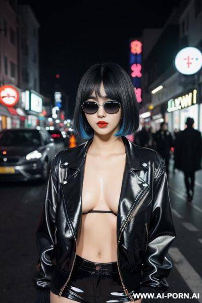 City street night time neon lights sunglasses leather bomber jacket - ai-porn.ai on pornintellect.com