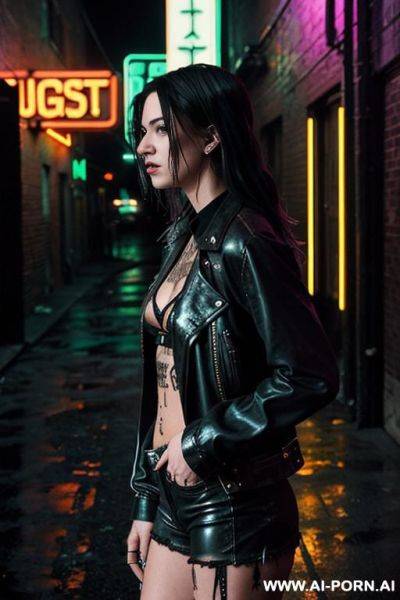 Side view neon signs raining - ai-porn.ai on pornintellect.com