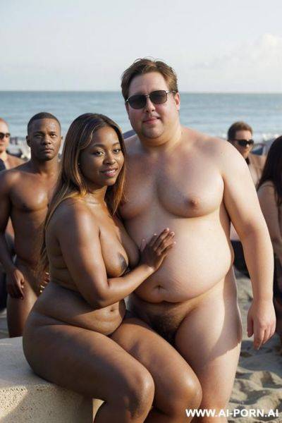 Sunglasses, (((fat face))), (((round cheeks))), a chubby shorty ebony gilf is kissing with a tall handsome fit american man. she has blonde highlights in her hair. the woman is sitting. the man - ai-porn.ai - Usa on pornintellect.com