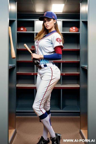 Standing in locker room, wearing baseball uniform, supermodel baseball player, - ai-porn.ai on pornintellect.com