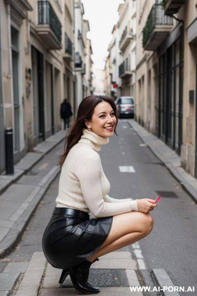 French, squatting in street, skirt, frontal view - ai-porn.ai - France on pornintellect.com