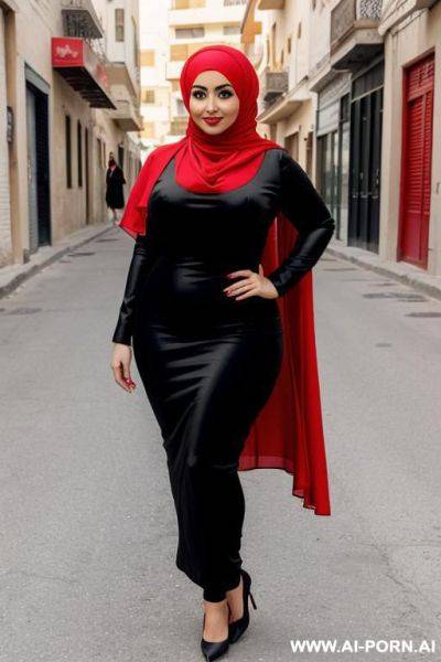 Chubby arab milf big ass sexy hijab arabic red and black dress abba in street - ai-porn.ai on pornintellect.com