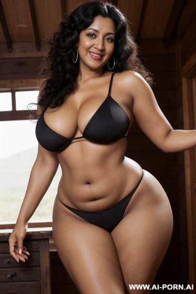 Black woman, beautiful eyes, (narrow waist), ((full body)), ((long legs)), ((big hips)), totally naked, naked, big round boobs, big round ass, very curvy body, hourglass figure, arms up, hands - ai-porn.ai on pornintellect.com