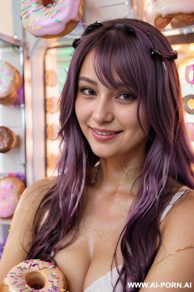 Close!, immersive expression, lovingly craving russian, flowing wavy purple hair, closeup in luxurious clothes, she is seductively tanned, pleasure, real-life sei-ra sodes-hiro! - ai-porn.ai - Russia on pornintellect.com