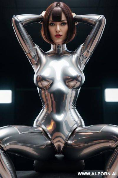 Robot woman, closeup pov, shiny metal skin, perfect figure, perfect breasts, shaved pussy, wrists bound from behind, shiny metal hair - ai-porn.ai on pornintellect.com