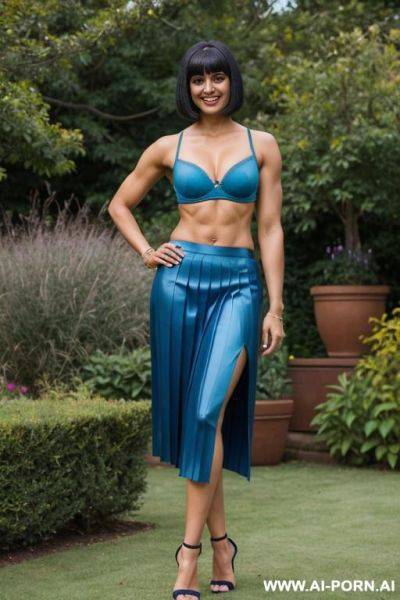 Indian, short hair, fit, abs, muscular arms, big ass, tall, long legs, navel piercing, blue bra, blue pleat skirt, looking at camera, full body, stiletto, in garden - ai-porn.ai - India on pornintellect.com